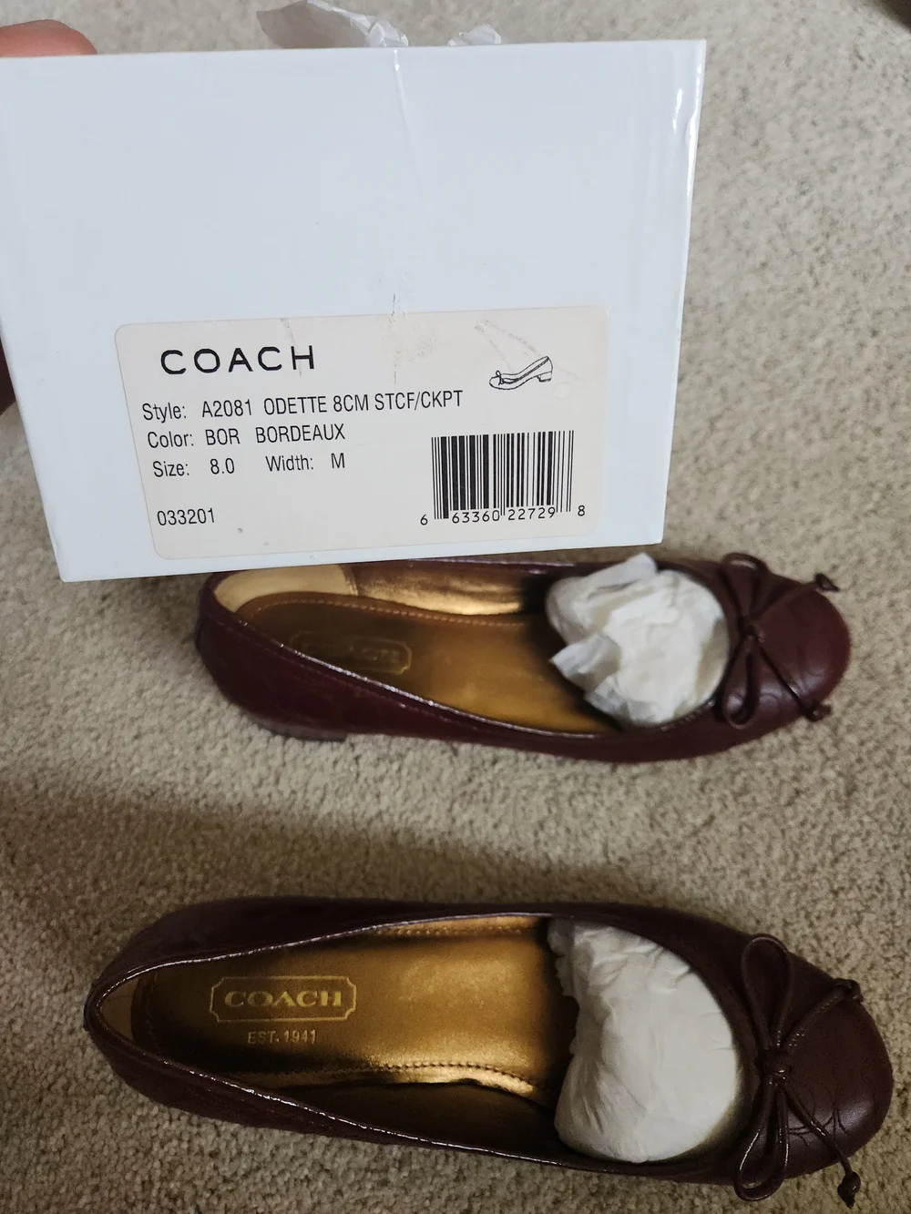 COACH ODETTE Women's Burgundy Leather Ballet Flats